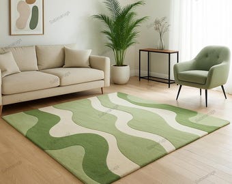 Green Abstract Hand Tufted Wool Rug, Modern Area Rug, Organic Shape Rug, Sage Green Carpet, Living Room Rug, Contemporary Home Decor Rug