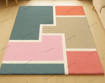 Hand Tufted Geometric Wool Rug Modern Pastel Area Rug for Living Room Abstract Handmade Carpet Luxury Home Decor Rug