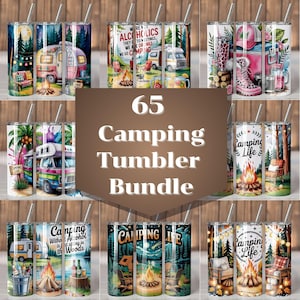 May include: A bundle of 65 camping-themed tumblers with diverse designs. The tumblers display images of campfires, campervans, and text such as "Camping Life" and "We're Alcoholics". The tumblers are cylindrical and include a straw.