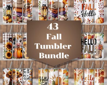 Puede incluir: Un conjunto de 43 vasos con temática de otoño. Los diseños incluyen calabazas, hojas de otoño, suéteres acogedores y el texto "Hello Fall". Los vasos tienen pajitas de acero inoxidable. El paquete incluye varios estilos y patrones.