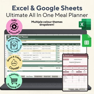 May include: A digital meal planner for Excel and Google Sheets displayed on a laptop screen. The interface shows a weekly meal planner with columns for meals, calories, and costs. Icons highlight features like automated tracking, recipe books, and shopping lists.