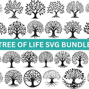Puede incluir: Una colección de diseños de árbol de la vida en blanco y negro. La imagen presenta varias ilustraciones de árboles con ramas y raíces detalladas. El texto "TREE OF LIFE SVG BUNDLE" se muestra sobre un fondo turquesa.