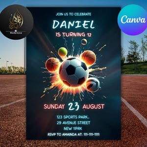 Editable Sports Birthday Invitation,any age,Baseball Football Soccer Basketball,teenage birthday,DIGITAL 5x7 Printable,Instant Download