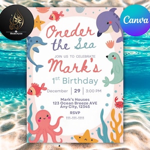Oneder the Sea Birthday Invitation: Nautical Ocean Animals (Digital Download, 5x7 Editable Template Canva App)