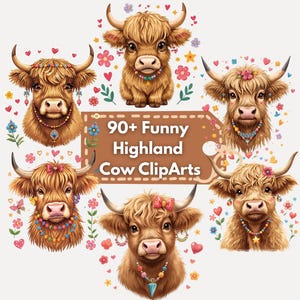 90+ Coquette Highland Cow PNG-Paket, Kinderzimmer-Kuh-Cliparts, Baby-Highland-Kuh-Cliparts, Lustige Kuh, Sofort-Download