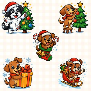 May include: A collection of five cartoon illustrations featuring adorable dogs celebrating Christmas. The dogs are wearing Santa hats and scarves, decorating a tree, holding gifts, and riding a sleigh. The illustrations are colorful and festive, perfect for holiday-themed products.