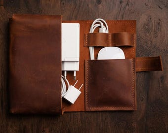 Leren opladerhouder, opladerhoes, reiskabelopberger, opbergetui voor laptop, MacBook-opberger, opladertas, opladeretui