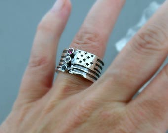 American Flag Ring - Wide Band Ring - Patriotic Ring - Red White and Blue - Sterling Silver Ring - Made in the USA