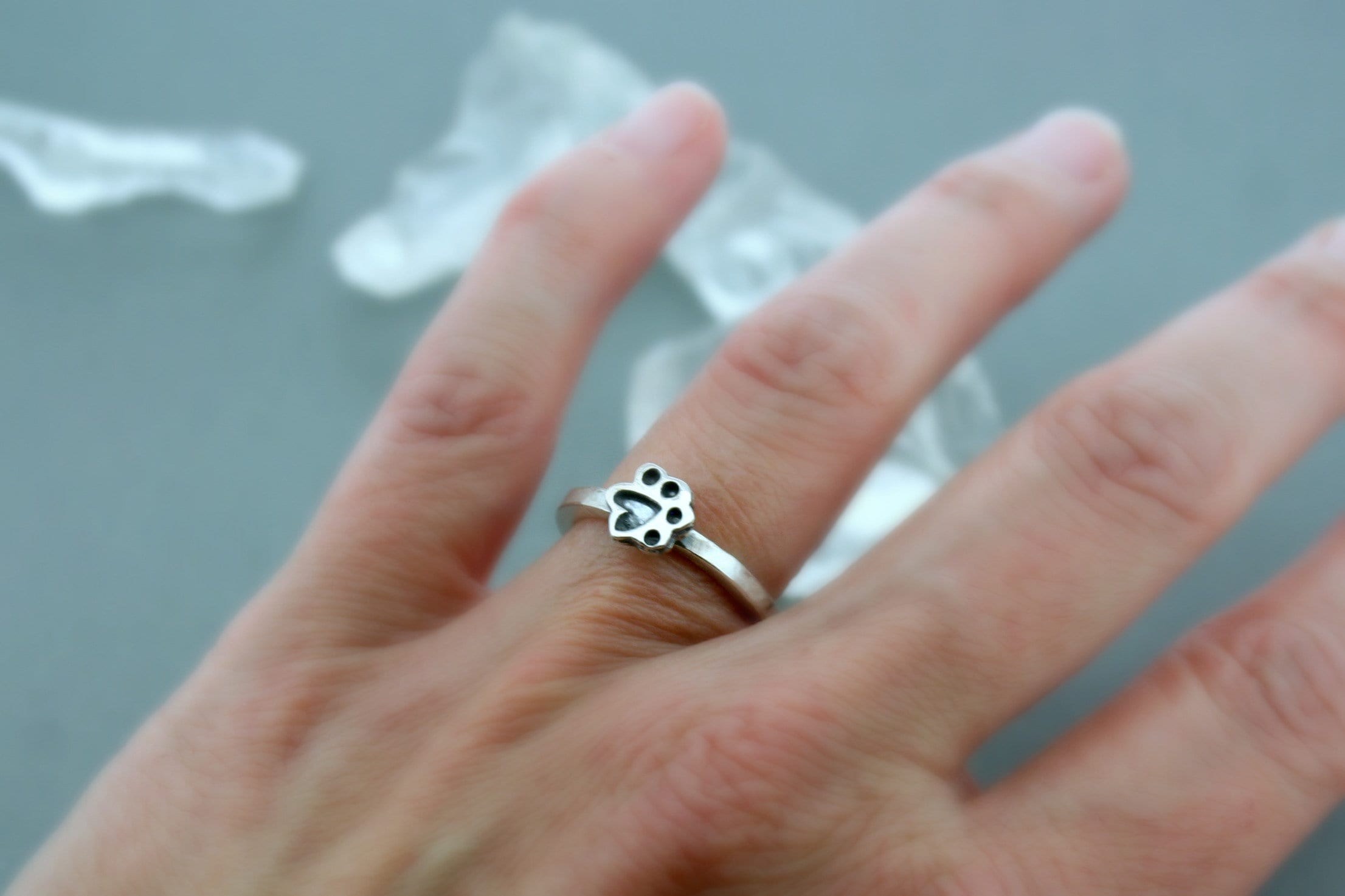 Animal Ring Round Cut Simulated Diamond Paw Print Ring in 14K Gold Plate Silver Pet Jewellery Paw Print Stacking Ring Pet Lovers Ring