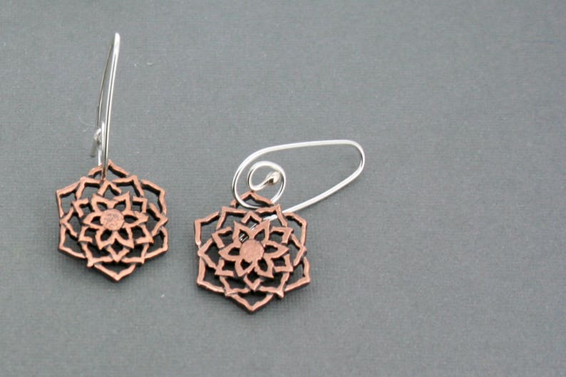 Copper Sunflower Drops on Sterling Silver Wires