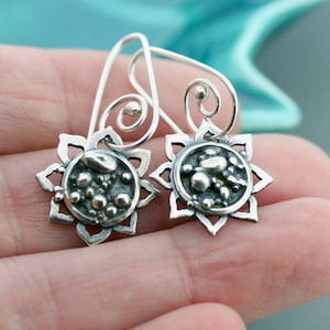 Silver Sunflower Drops - Sunflower Earrings - Sterling Silver Earrings