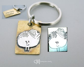 Kid Drawing keychain - Sterling Silver Child Artwork Drawing keychain - Child drawing
