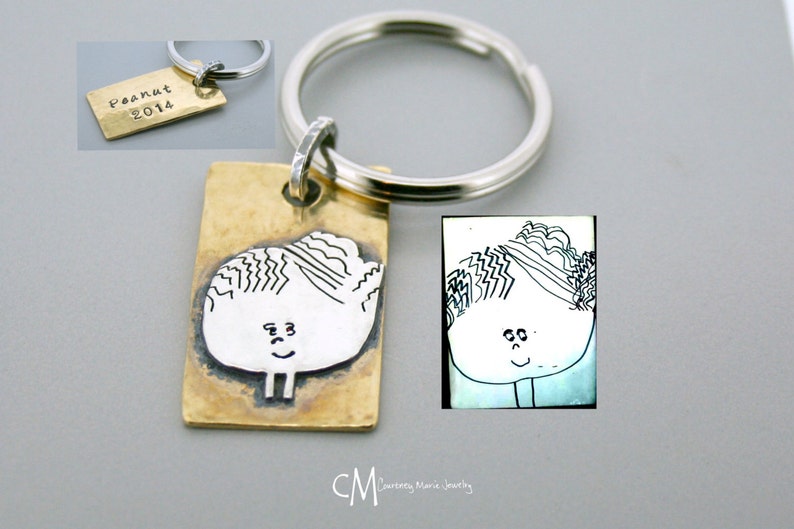 Kid Drawing keychain - Sterling Silver Child Artwork Drawing key Kid Drawing keychain - Sterling Silver Child Artwork Drawing key