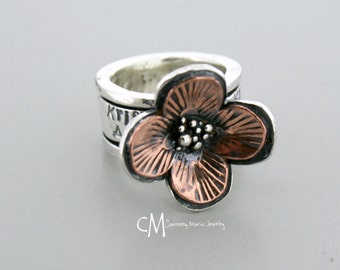 Copper Dogwood Flower, sterling silver spinner ring, mothers ring, personalized spinner ring, sterling silver wide band ring, statement ring