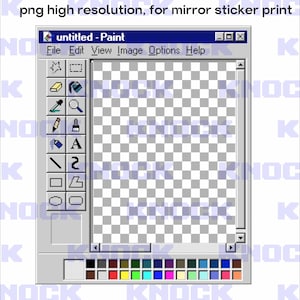 以下が含まれることがあります： クラシックなWindowsペイントプログラムのスクリーンショット。グレーのインターフェースとチェック柄のキャンバスが表示されています。タイトルバーには「untitled - Paint」と表示されています。左側のツールバーにはさまざまな描画ツールがあり、下部にはカラーパレットがあります。上部のテキストは「png high resolution, for mirror sticker print」です。