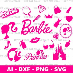 Peut inclure: Ensemble d'éléments graphiques roses, dont le mot "Barbie" en écriture cursive, une silhouette de profil de femme, un escarpin, un diamant et un château. Le mot "Princess" est également inclus.