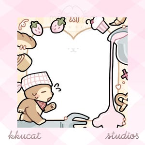 May include: A square memo pad sheet featuring a white center frame surrounded by illustrations of strawberries, pastries, and a cartoon bear wearing a checkered hat. The design includes a light pink checkered background and the text k k u c a t studios.
