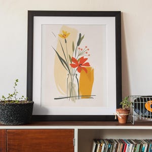 Minimalist floral digital wall art print, modern abstract flower vase illustration, boho home decor printable poster download