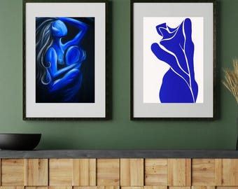 Stampa artistica da parete con silhouette femminile blu astratta, poster digitale espressionista emotivo, linea artistica di donna moderna, arredamento blu contemporaneo