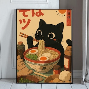 Cute Black Cat Ramen Art Print, Japanese Anime Style Noodle Illustration, Retro Kitchen Wall Decor, Kawaii Food Digital Download