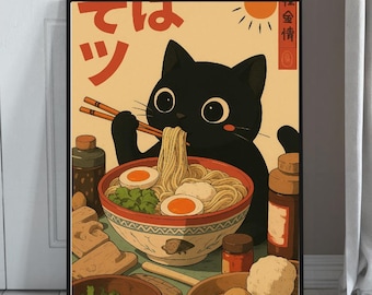Cute Black Cat Ramen Art Print, Japanese Anime Style Noodle Illustration, Retro Kitchen Wall Decor, Kawaii Food Digital Download