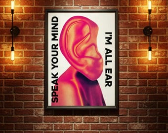 Plakat z cytatem „Wypowiedz swoje zdanie” do druku, surrealistyczna dekoracja ścienna w stylu pop-art, koncepcyjny, nowoczesny, cyfrowy plakat do pobrania z ilustracją ucha