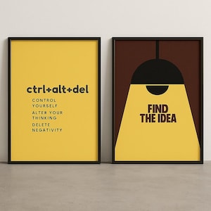 Może przedstawiać: Dwa oprawione wydruki artystyczne. Lewy wydruk ma żółte tło z czarnym tekstem "ctrl+alt+del" i słowami "CONTROL YOURSELF ALTER YOUR THINKING DELETE NEGATIVITY". Prawy wydruk ma brązowe tło z czarną lampą i słowami "FIND THE IDEA".