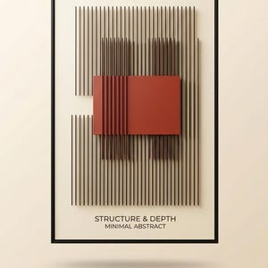 May include: Abstract art print featuring a geometric design with vertical black lines and a rectangular red block. The artwork is framed in black and includes the text "STRUCTURE & DEPTH MINIMAL ABSTRACT".