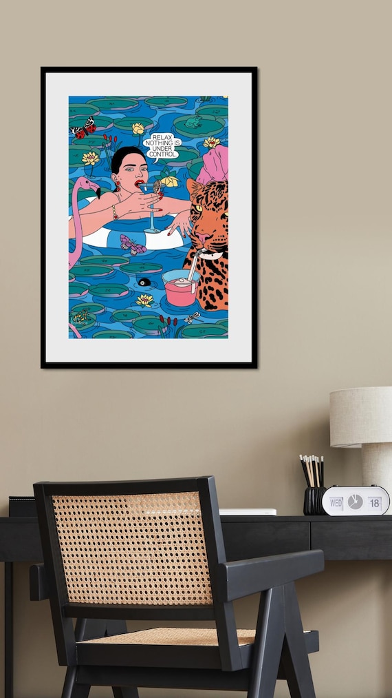 Pop Art Relax Poster Digital Print – Woman and Leopard in Pool