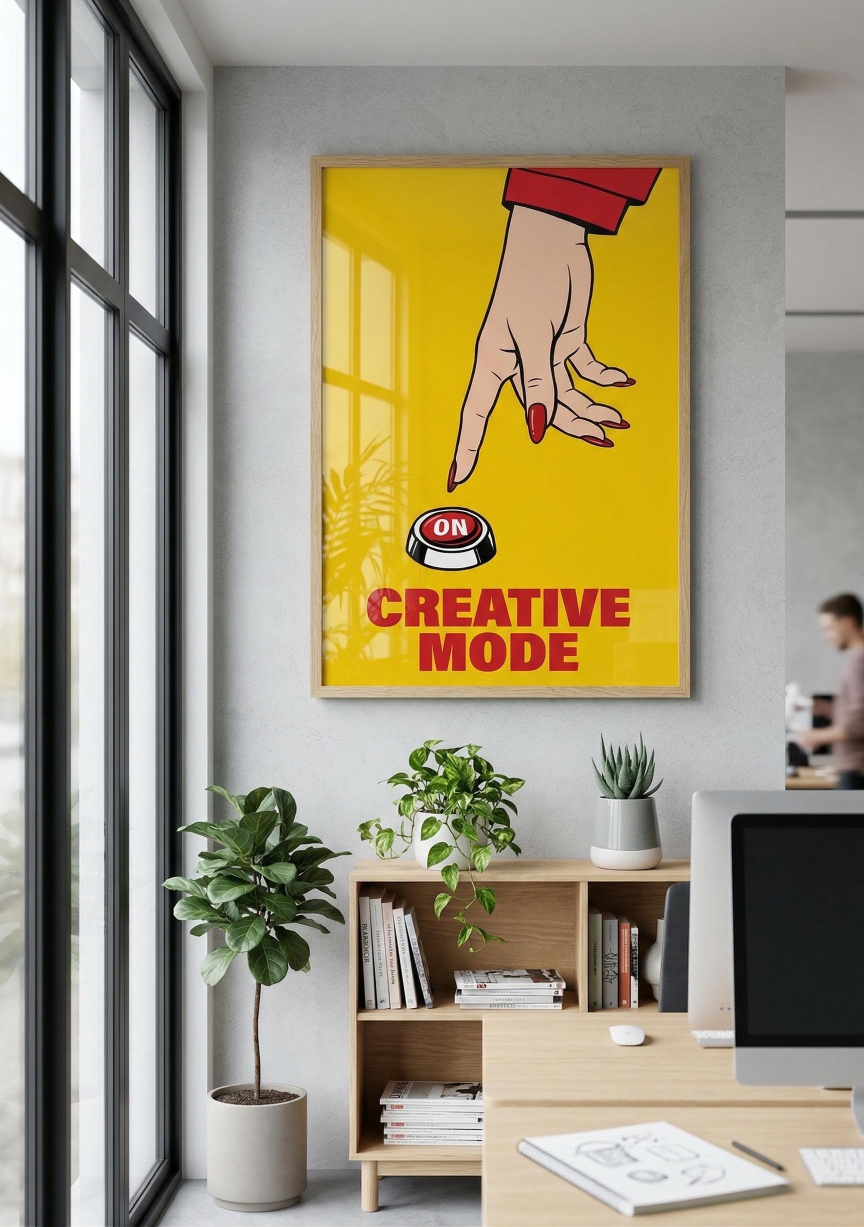 Creative Mode Button Poster, Pop Art Hand Pressing ON Switch, Bold ...