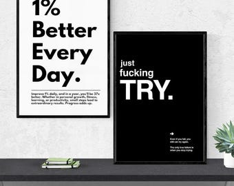 May include: Two framed motivational posters. The left poster reads "1% Better Every Day" in bold black text on a white background. The right poster reads "just fucking TRY" in white text on a black background. A small plant sits on the shelf below.