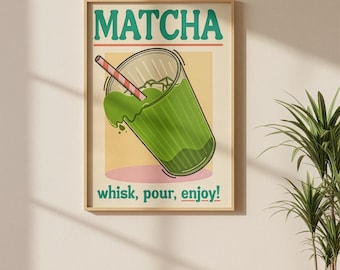 Retro Matcha Poster Printable Art, Vintage Green Tea Kitchen Wall Decor, Iced Matcha Latte Digital Download Drink Illustration
