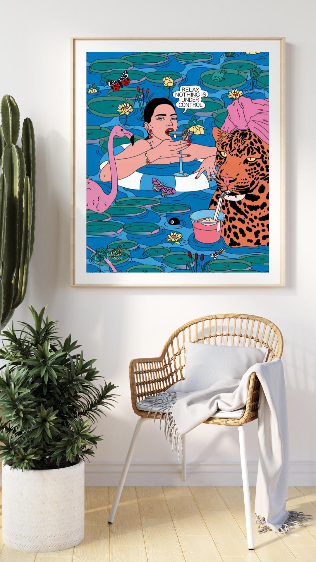 Pop Art Relax Poster Digital Print – Woman and Leopard in Pool