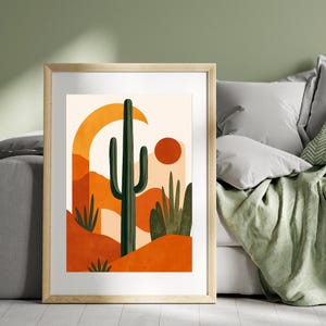 Desert Cactus Landscape Digital Art Print – Boho Terracotta Sunset Poster with Southwestern Minimal Style for Modern Home Wall Decor