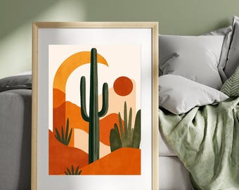 Impresión artística digital de paisaje de cactus del desierto: póster de atardecer bohemio en terracota con estilo minimalista del suroeste para una decoración de pared moderna.