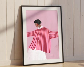 Modern Woman Illustration Printable, Pink Red Striped Fashion Wall Art, Contemporary Minimal Portrait Digital Download Decor