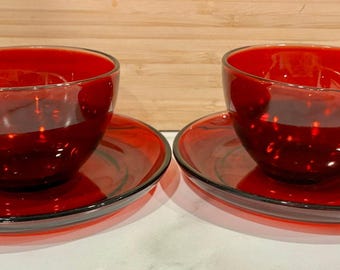 Juego de 2 tazas de té y platillos vintage Anchor Hocking Royal Ruby Red Cadmio Glass
