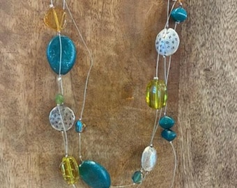 Vintage Chico’s Multi Strand Station Necklace Teal Amber Glass Beads 20”