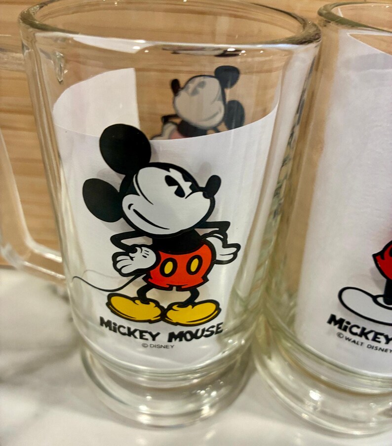 Vintage Set of 2 Mickey Mouse Handled Clear Glass Mug Stein Walt Disney image 3