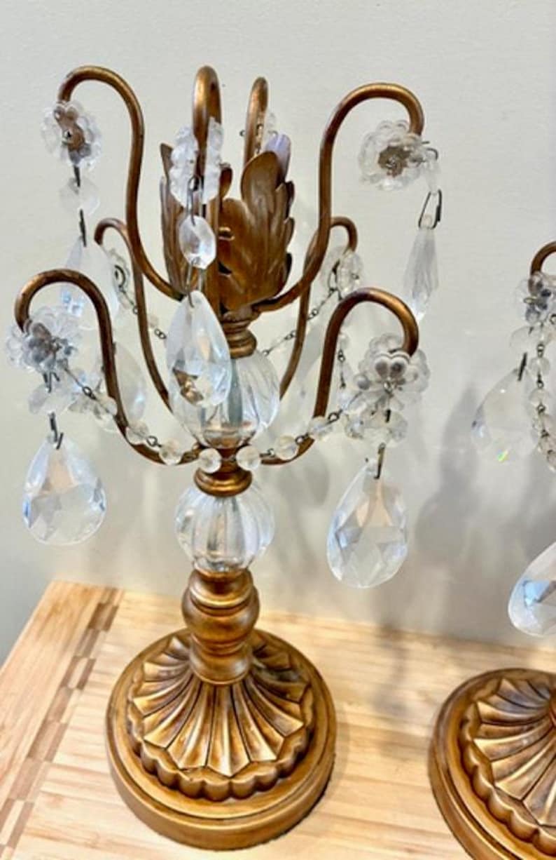 Vintage Pair Opulent Treasures Chandelier Rosette Candle Holders w Crystals image 3