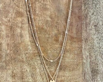 Dainty Boho 3 Layer Gold Tone Necklace Disc Charm Vertical Bar 18”