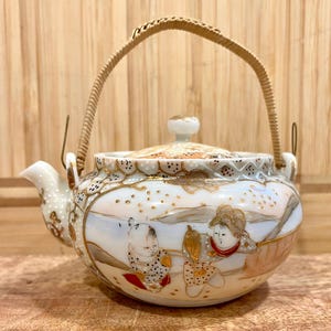 Antique Japanese Satsuma Ware Mini Teapot w/ Bamboo Handle - Artist Signed
