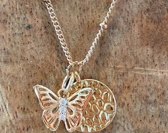 Handmade Butterfly Rhinestone Disc Charm Necklace Gold Tone Station Chain 24”