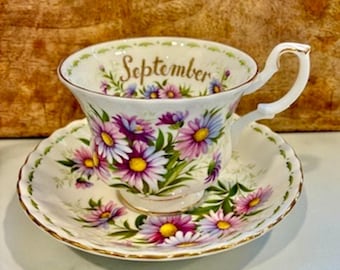 Taza y platillo vintage Royal Albert Flor del mes de septiembre Michaelmas Margarita