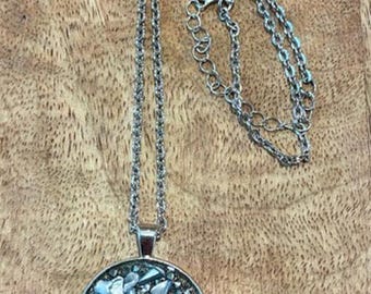 Handmade Gray Stone Crystal Mosaic Medallion Necklace Silver Tone 18”