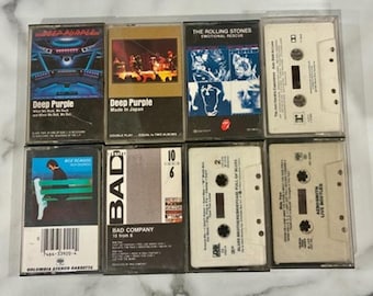 Vintage Classic Rock cassettebandjes, set van 8: Deep Purple, The Rolling Stones, Hendrix, Aerosmith