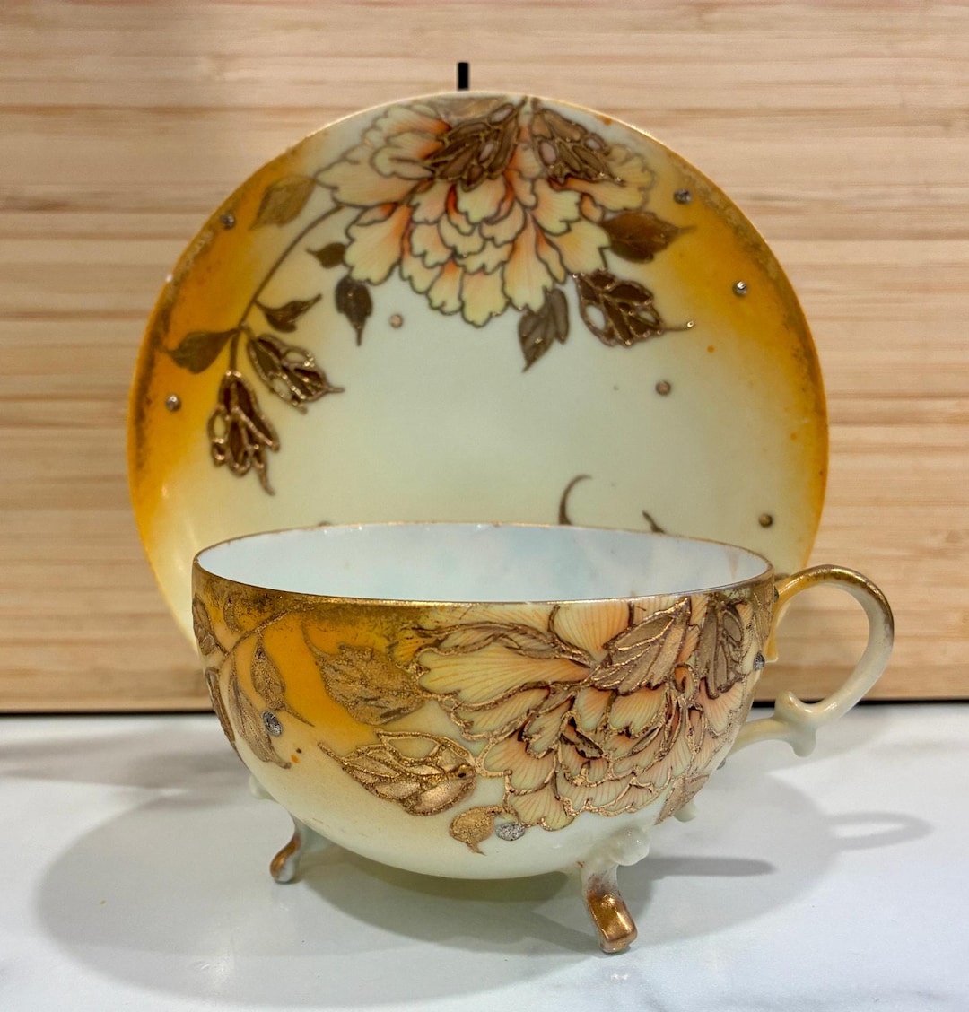 その他 antique motif * Antique 1900s Footed Japanese Moriage Orange Lusterware Satsuma
