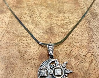 Vintage Mexico 925 Chichen Itza Mayan Sun Moon Pendant Necklace 17”