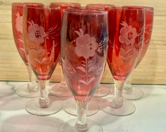Set Of 8 Vintage MCM Bohemian Cranberry Flashed Etched floral Cordial Glasses