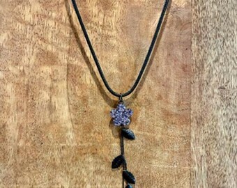 Handmade Victorian Gothic Purple Crystal Flower Y Drop Necklace Black Cord 16”